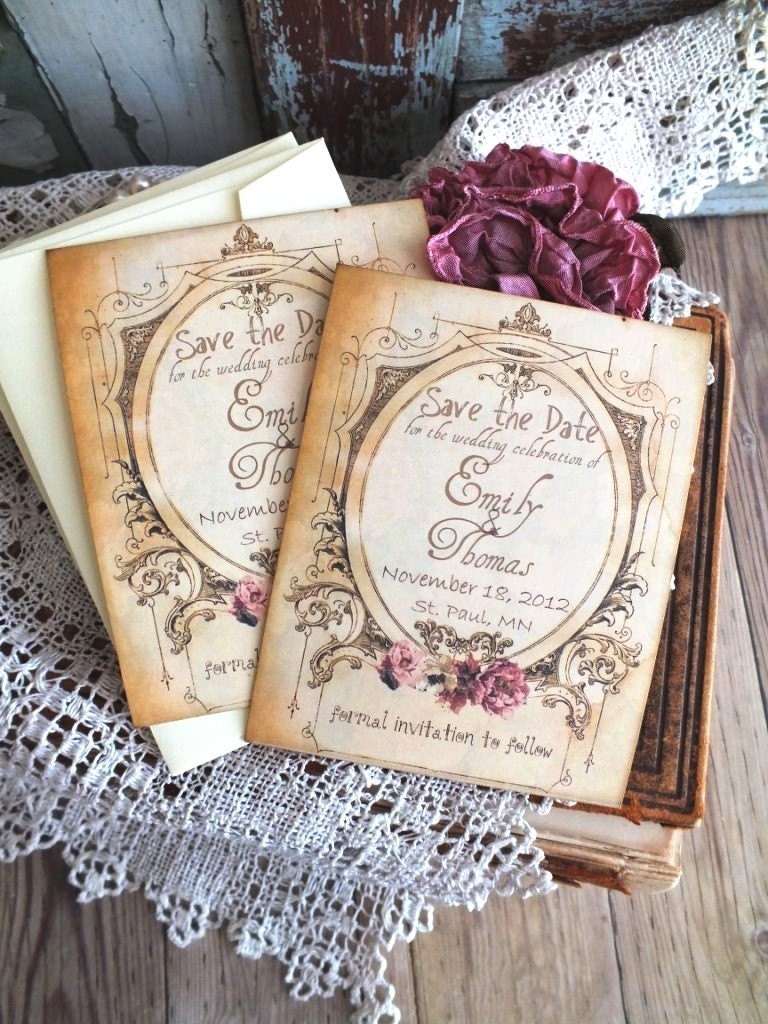 Vintage Wedding Save the Date Cards Handmade by avintageobsession on etsy