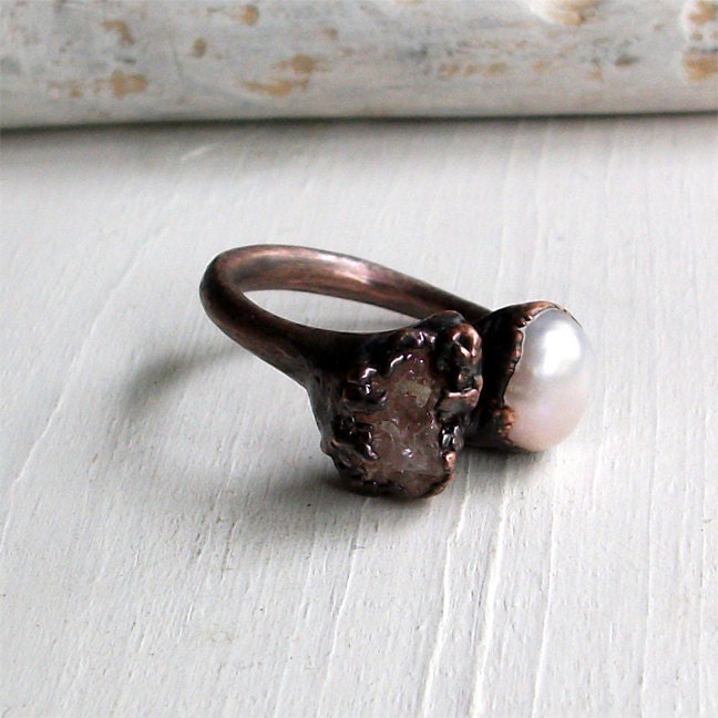 Pearl Spinel Copper Ring Gem Stone Raw Gem Organic Oxidized Handmade - MidwestAlchemy Pearl Spinel Copper Ring Gem Stone Raw Gem Organic Oxidized Handmade - MidwestAlchemy