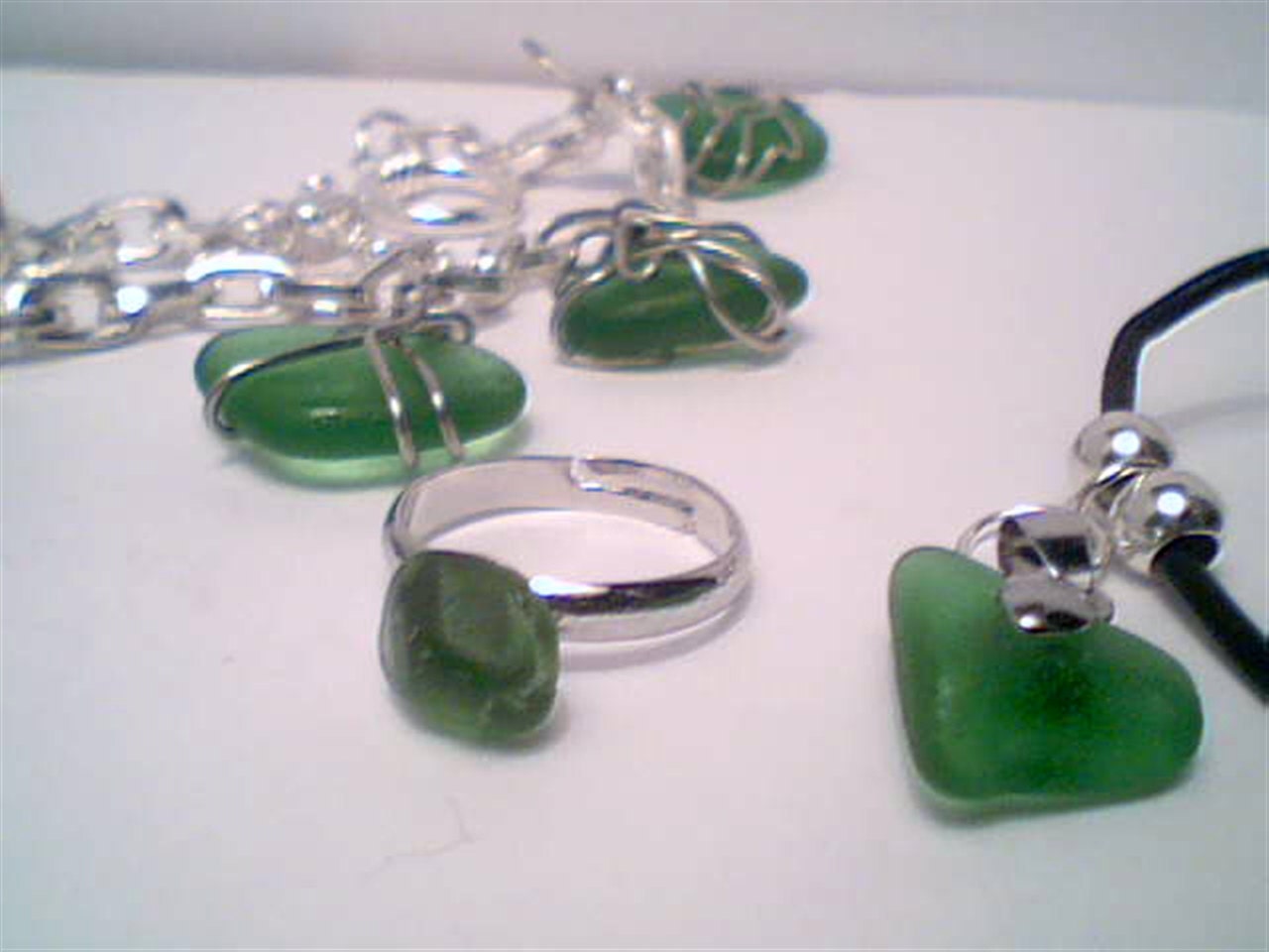 Genuine Green beach sea glass jewelry set Pendant, Ring, Bracelet handmade necklace