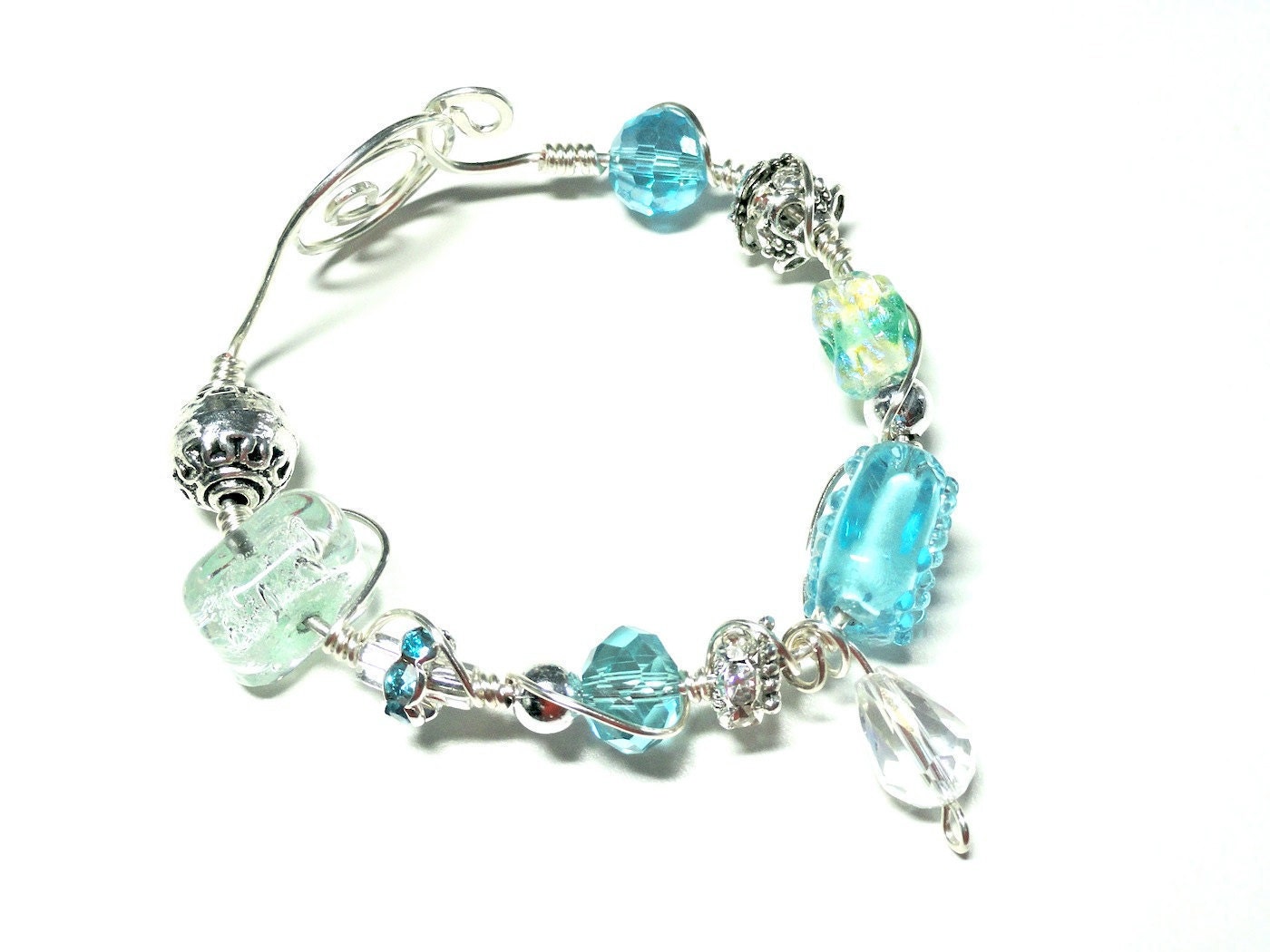 Aqua Blue Sparkle Lampwork Dichroic Bead Wire Wrapped Bracelet