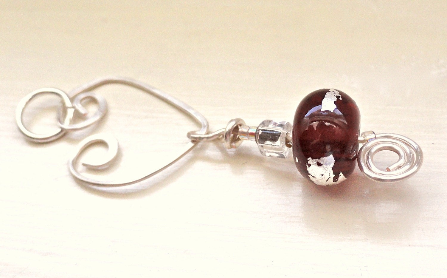 Handmade Hammered Silver Heart With Crimson Red Lampwork Dangle