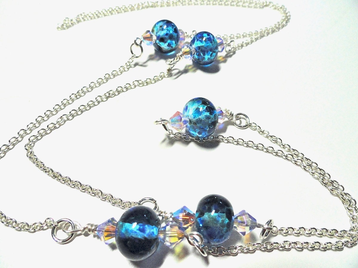 Blue Denim Lampwork Bead & Swarovski Crystal Long Silver Necklace