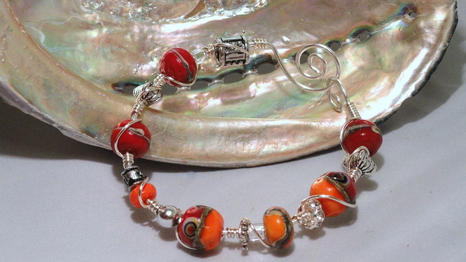 Turn Up The Heat Crimson Red Orange Bracelet Wire Wrapped Lampwork Bead