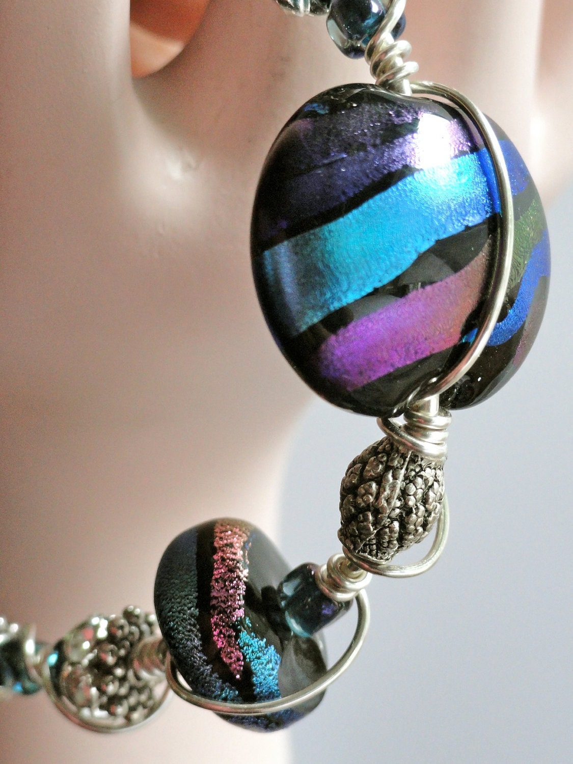 Color Waves Dichroic Bead Bracelet In  Blue Purple Turquoise Lime Sterling Silver