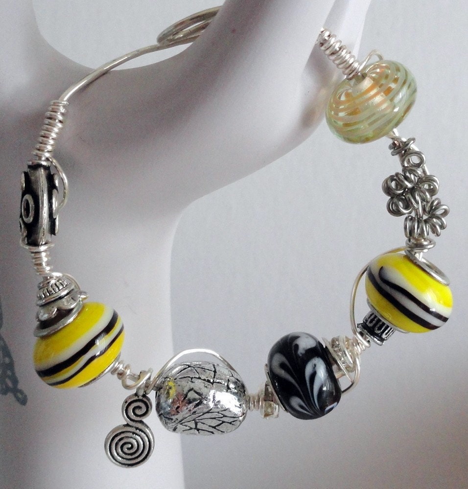 Sunshine Yellow and Black Lamp Work  Bead Wire Wrapped  Sterling Silver Bracelet