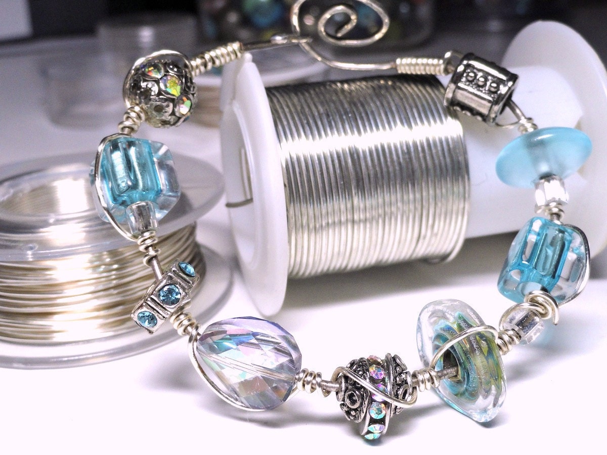 Aqua Blue Treasure Bracelet Wire Wrapped Cane Bead Sterling Silver