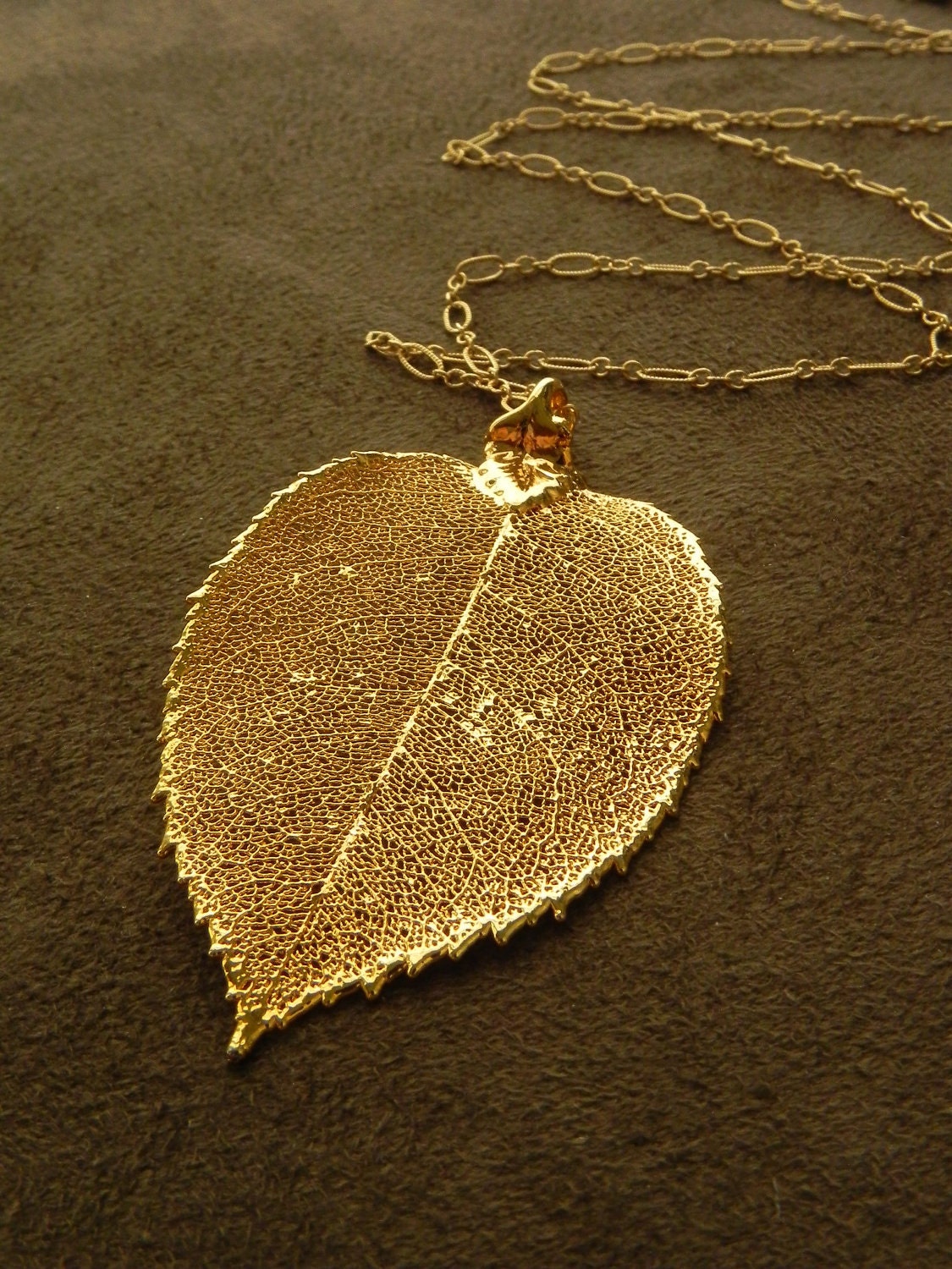 SALE Large Filligree Rose Leaf and Textured Gold Fill Long Necklace
