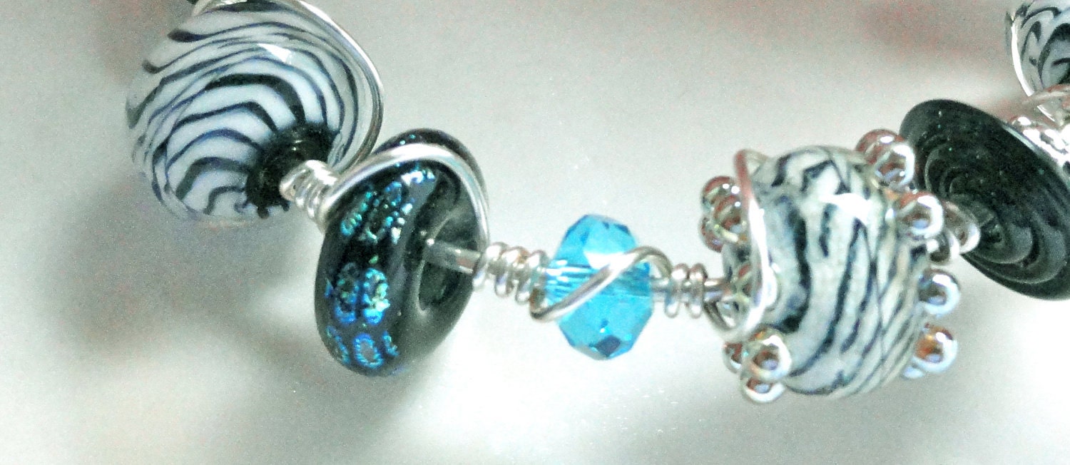 Black and White and Blue Zebra Striped Lampwork Bead Wire Wrapped Bracelet