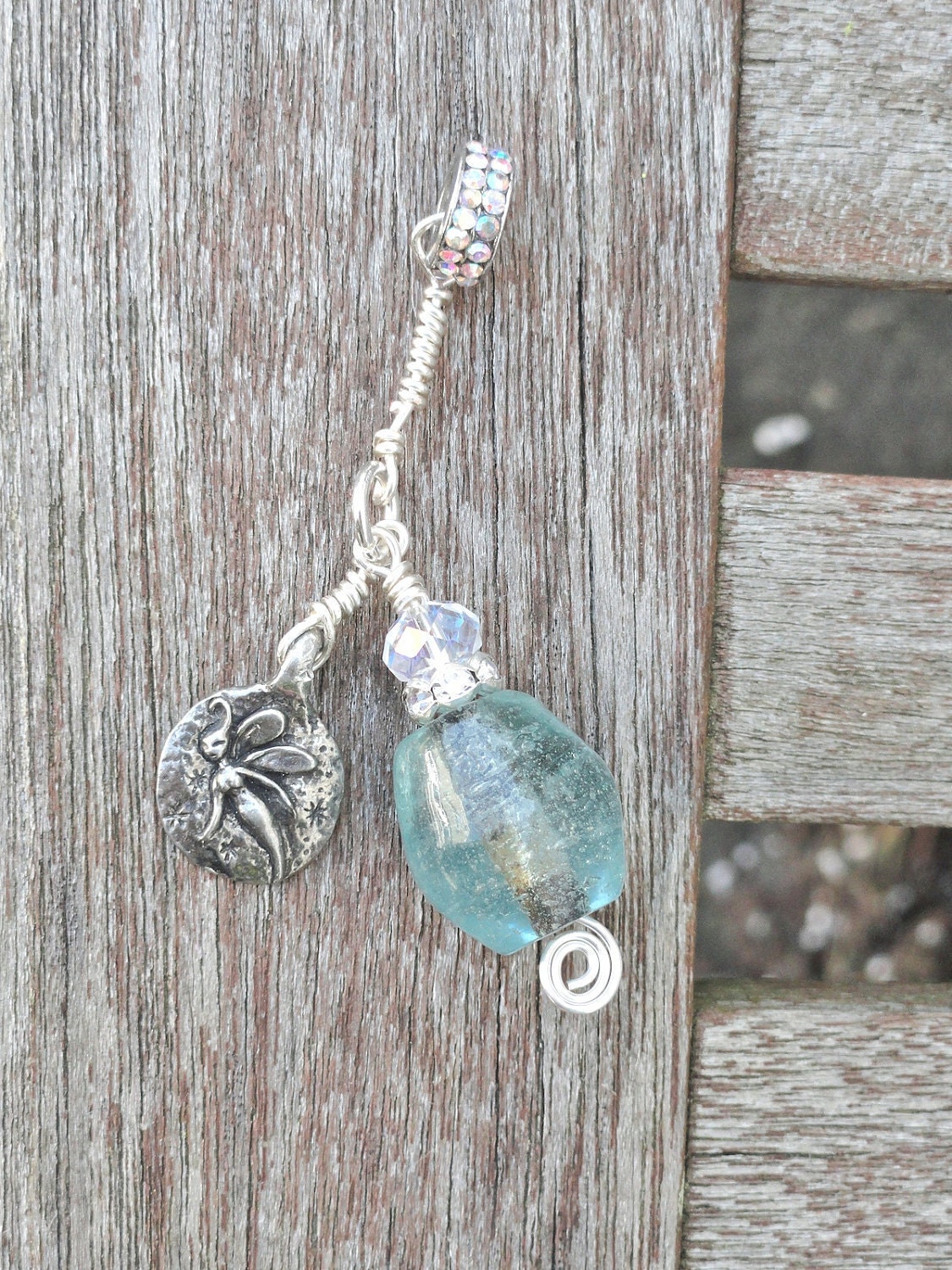 Enchanted Seafoam Pale Blue Green Lampwork Pendant With Pewter Joy Charm