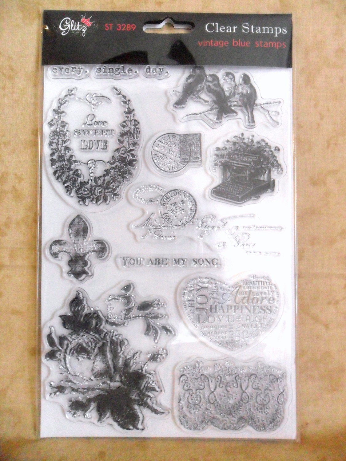 Vintage Blue Clear Stamps by Glitz-FREE SHIPPING