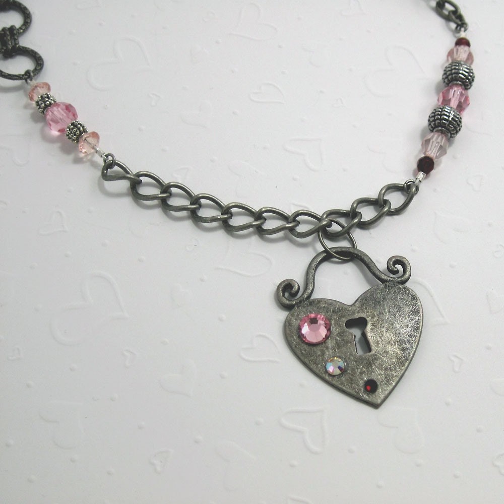 Heart Charm Necklace w Pink and Red Crystals- Prisoner of Love