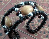 Cuff Bracelet w Cocoa Brown and Tan Wood Beads - Saddle Up