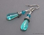 Aqua Teardrop Earrings with Antiqued Silver and Blue Zircon Swarovski Crystal - Mermaid's Tears