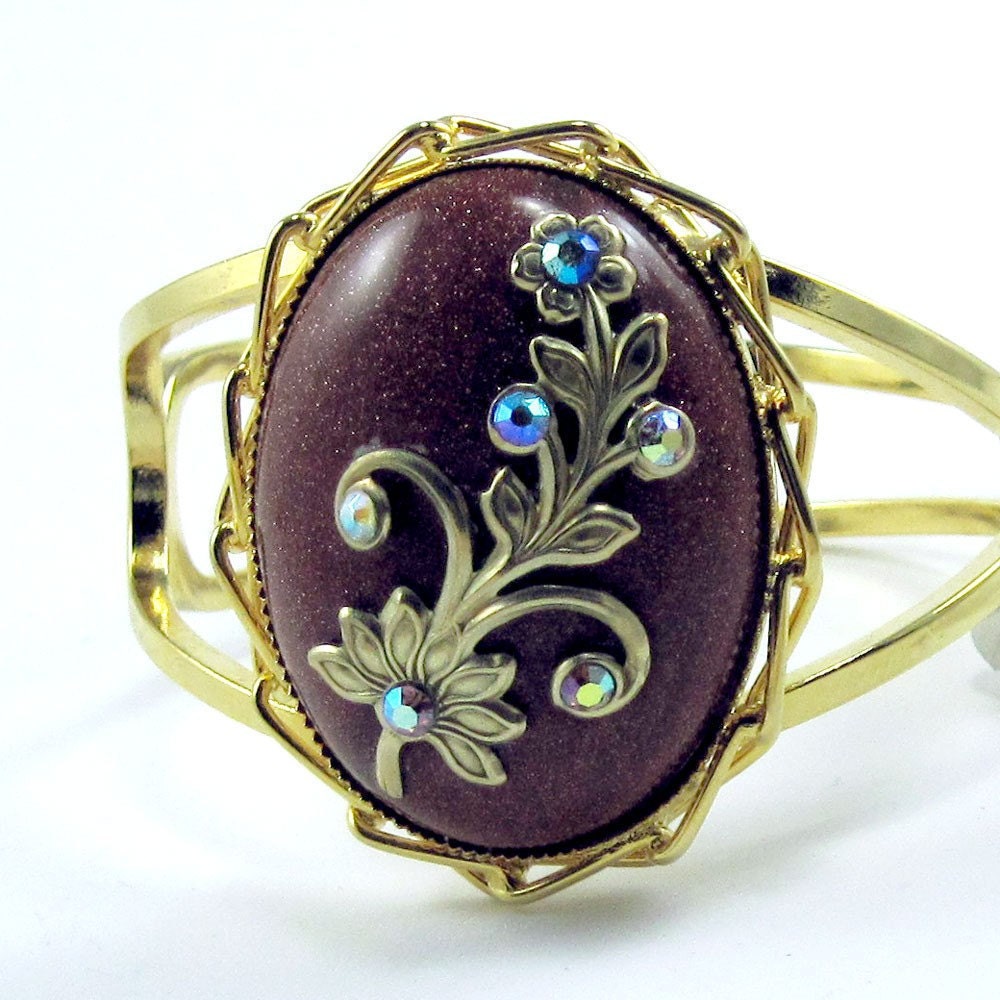 Hinged Cuff Bracelet w Goldstone and Crystal Floral Spray