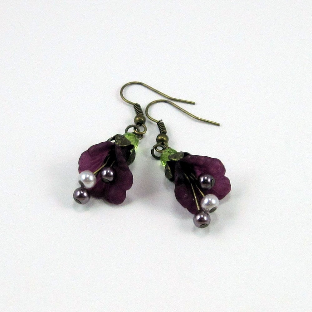 Purple Frilled Flower Earrings w Faux Pearls - Splash of Merlot