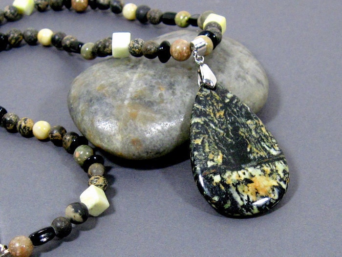 Teardrop Necklace w Fireworks Jasper and Gemstones in Black, Green, and Yellow