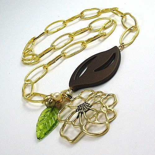 Golden Rose Necklace w Brown and Green Leaves  - A Wild Rose Grew