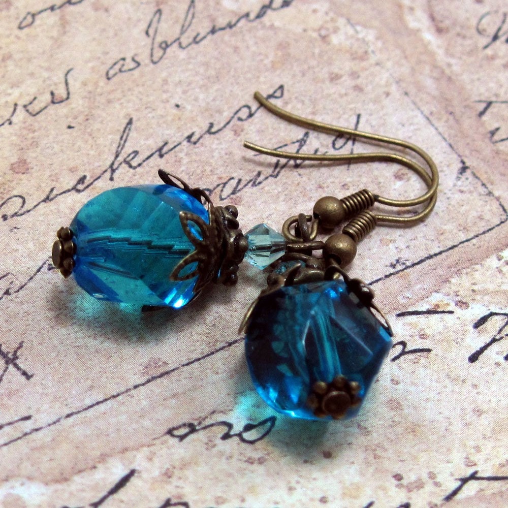 Blue Earrings - Czech Glass w Antiqued Brass - Grace