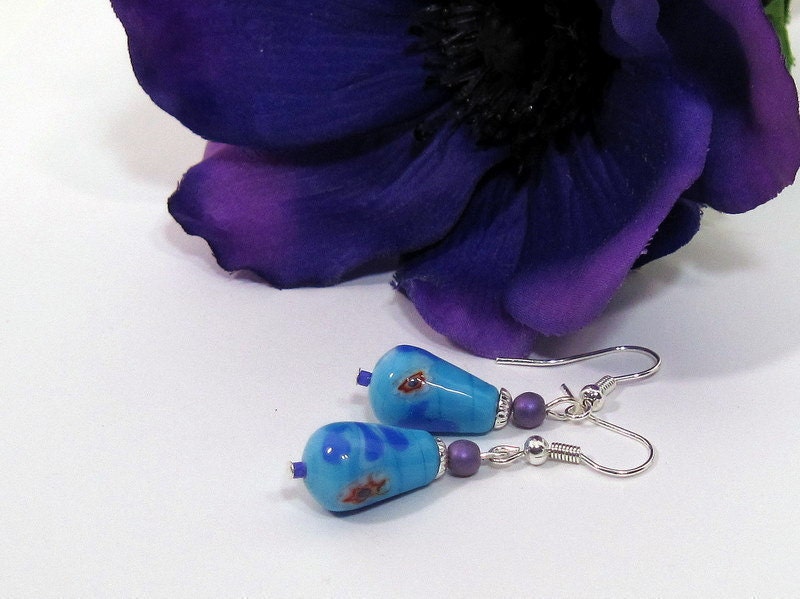 Blue Ceramic Teardrop Earrings with Floral Design