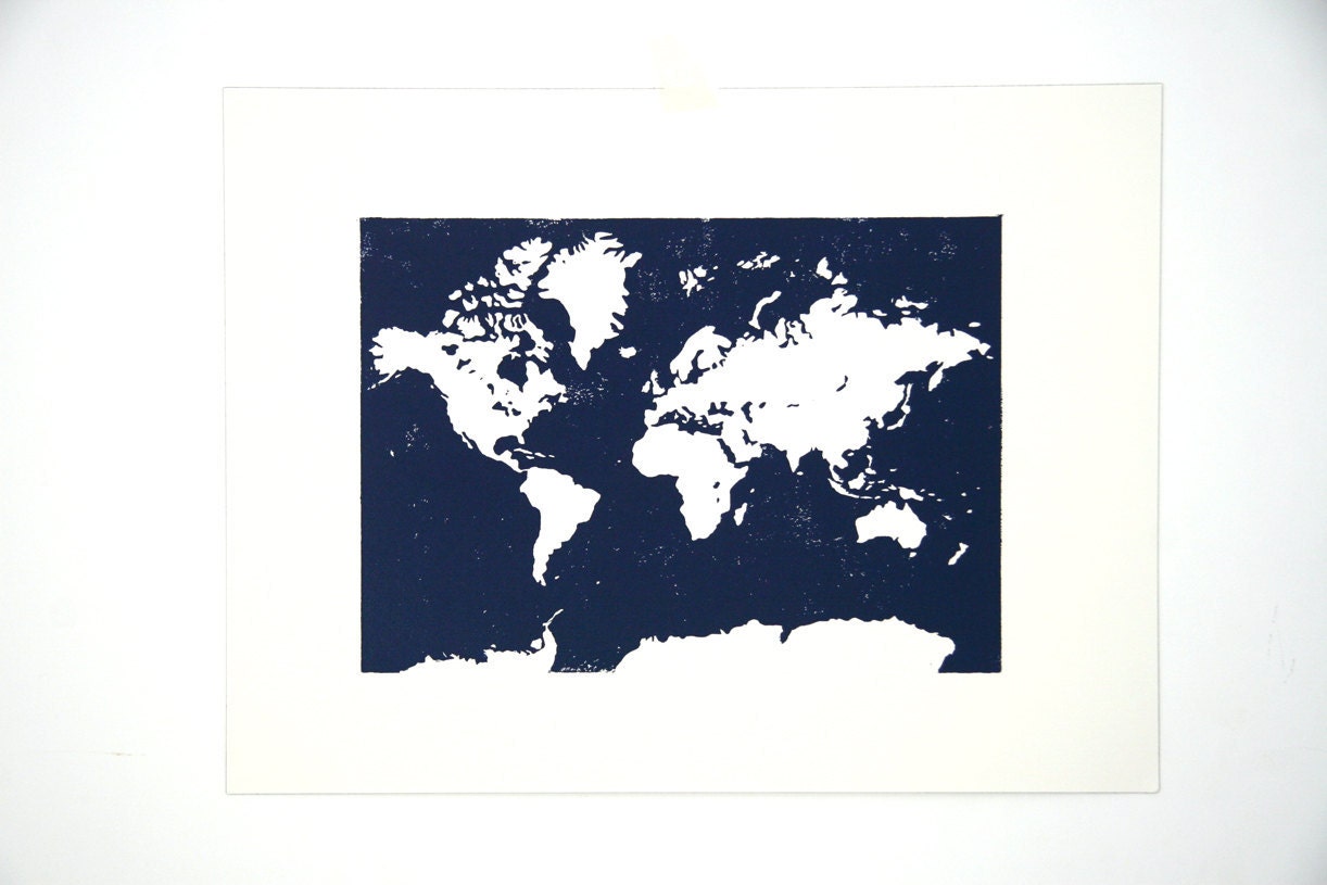 Large LINOCUT PRINT - The World MAP -  Linoleum Art Print dark navy blue