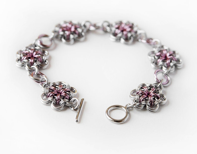 Chainmaille bracelet flower pink and silver posy chainmail for women