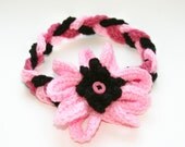 Baby girl flower headband Daisy Braided crochet in pink, mauve and black. Custom colors and sizes through adult
