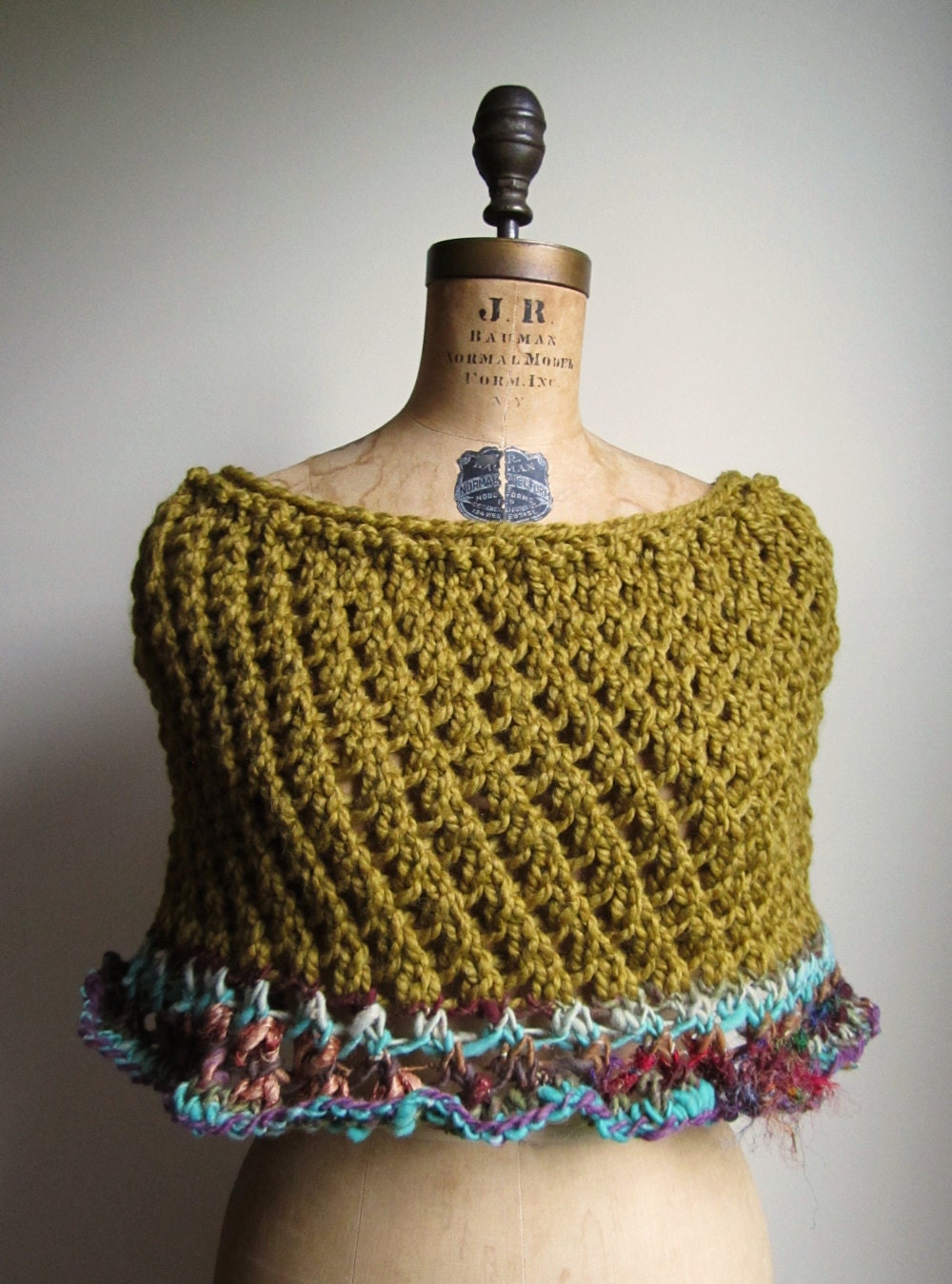 Trellis Capelet. Army Green. Seafoam. Purple.