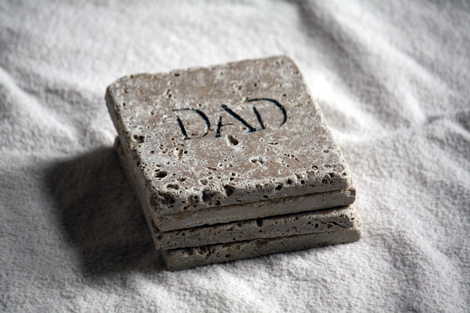 DAD Coasters - Natural Tumbled Marble Coaster Set of Four (4) - Rustic Home Decor, For Him Man Cave, Father's Day Holiday Gift Idea