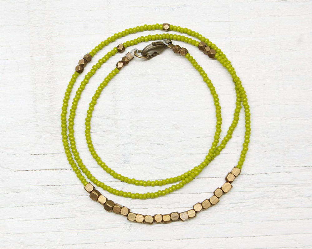Beaded Necklace // Olive Green and Brass // Everyday Collection