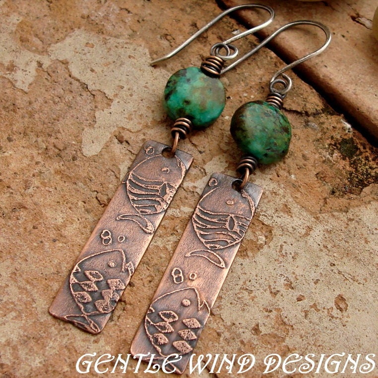 UNDER THE SEA - Handmade Etched Fish Copper Plates, African Turquoise Beads, Sterling Silver Hooks
