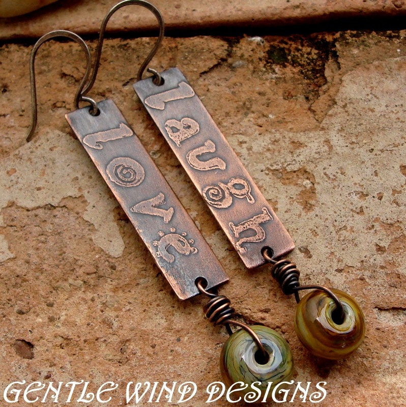 LOVE, LAUGH - Handmade Etched Copper, Sterling Silver, Handmade Lampwork Beads