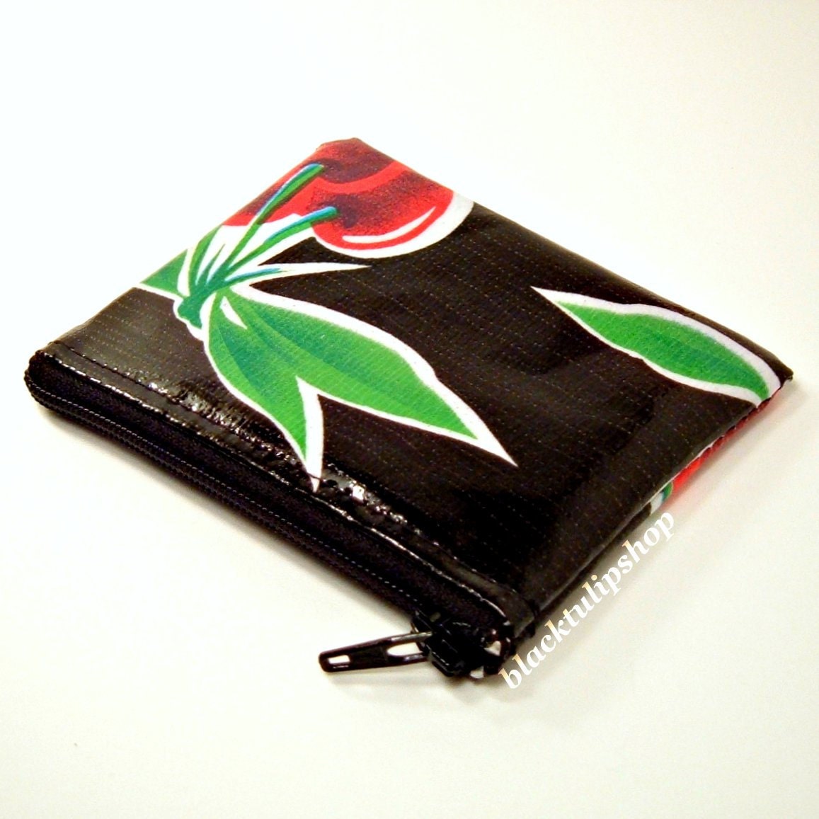 Kawaii Sweet Cherry On Black Retro Oilcloth/Vinyl Zippered Pouch/Coin Purse