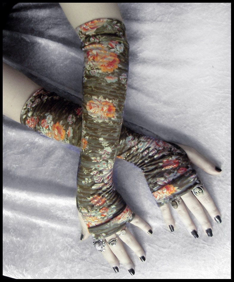Earl Grey in the Garden Arm Warmers - Olive Green Orange Red White Brown Floral Rose - Gothic Tribal Namaste Steampunk Noir Gypsy Yoga