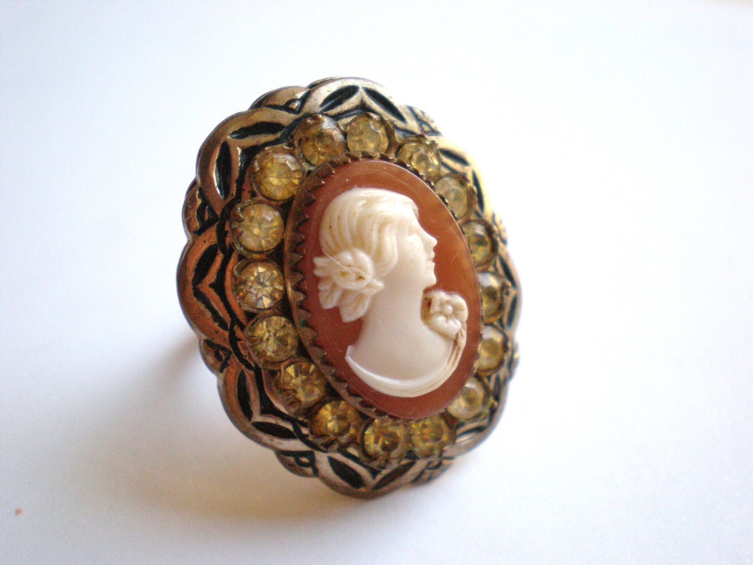 Vintage Cameo Ring, Rhinestone, Cocktail