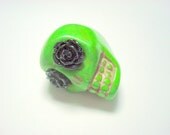 Gigantic Green Howlite Skull Bead or Pendant  with Black Roses in Eyes
