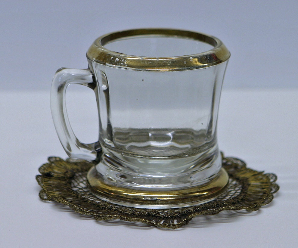 Rare 1800s Gold Rim FLUTED SHAVING MUG Solid Thick Glass, office supplies, shave brush, dresser jewelry ex...