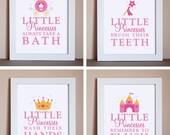 Little Princess Bathroom Art, FOUR 5x7 Prints, Unframed