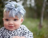 Light Yellow Nylon Headband Size 1.25" with Grey Glitter Flower