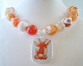 Chunky Orange Fish Necklace - Koi - Agate Stone Beads & Japanese Goldfish Pendant - Pottery Shard Ne