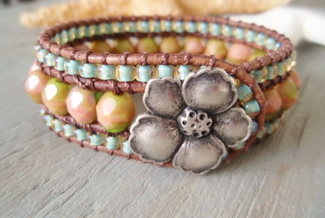 Tropical leather cuff bracelet 'Hawaiian Girl' pink, green , aqua seafoam, hibiscus flower, surfer girl, luxe beach glam