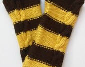Handknit One Cable Wrist Warmers, Fingerless Gloves, Stripe, Espresso and Sunflower
