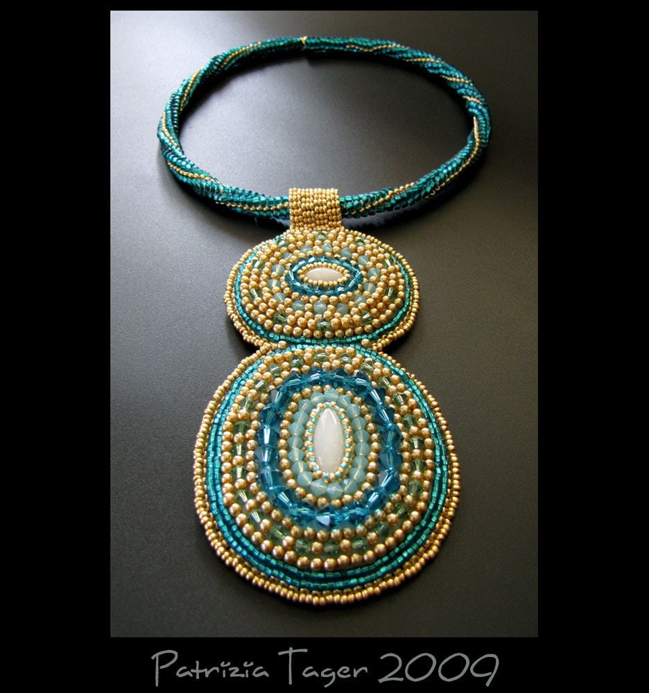 SALE 25% OFF - Blue Lagoon - OOAK Bead Embroidered Teal and Gold Choker Necklace