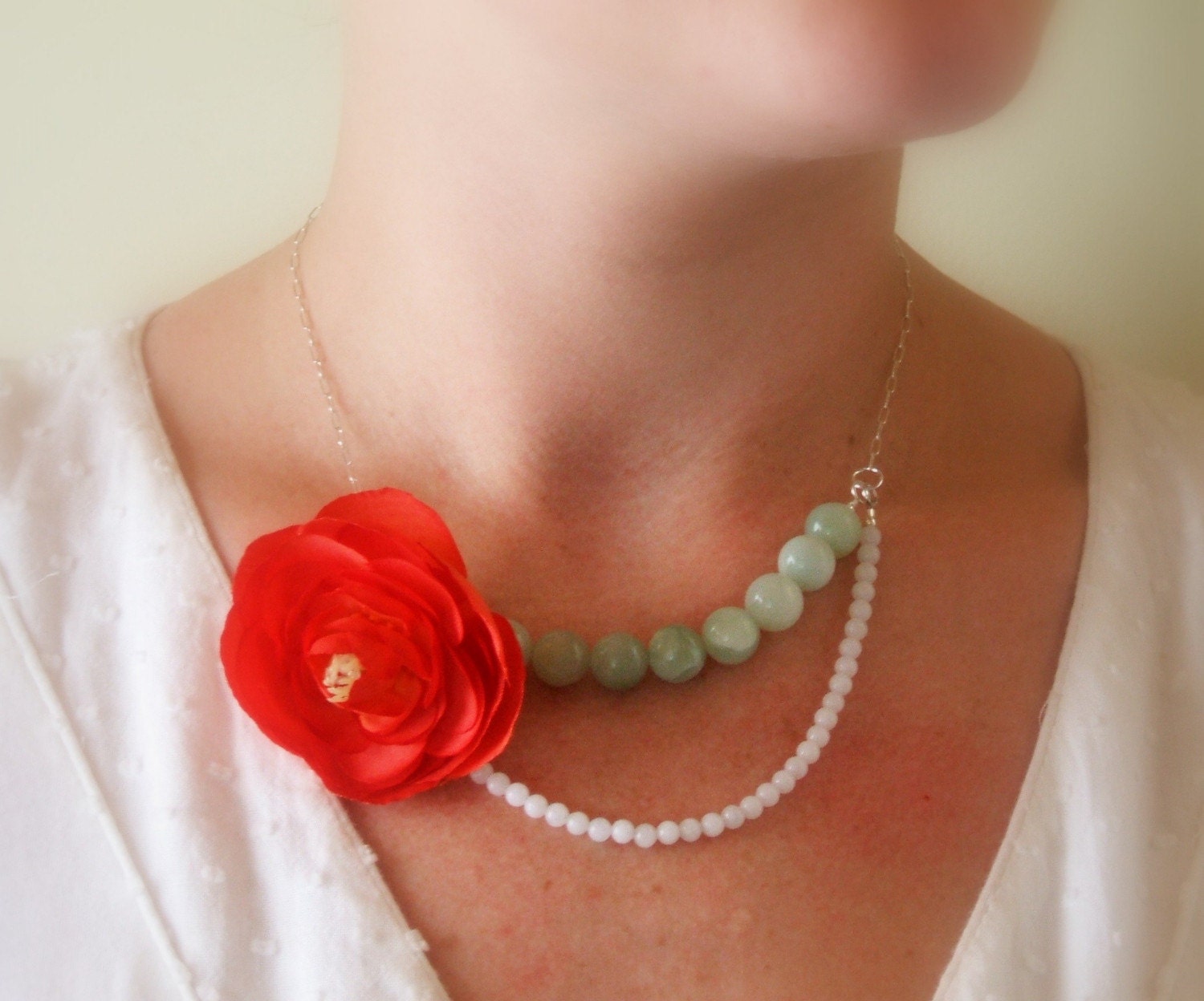 Bright Orange Red Flower with Green Jade and White Beads Necklace