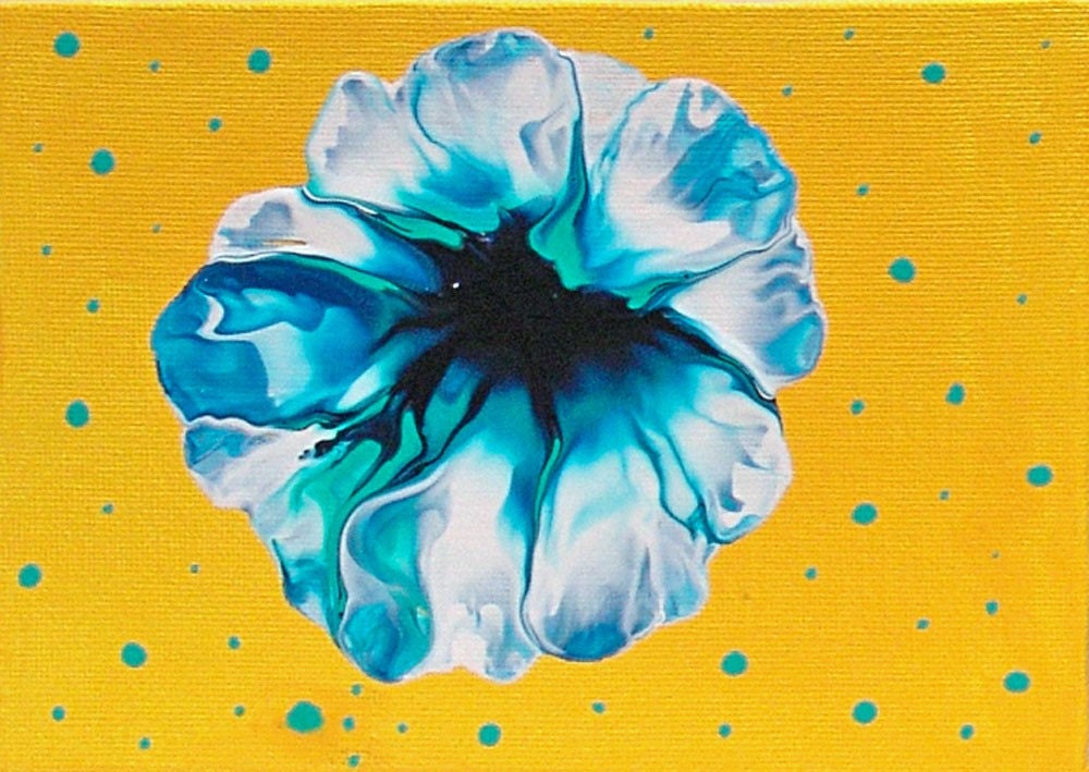 SALE--Blue Floral On Lemon, One--5 x 7 Painting On Canvas Board