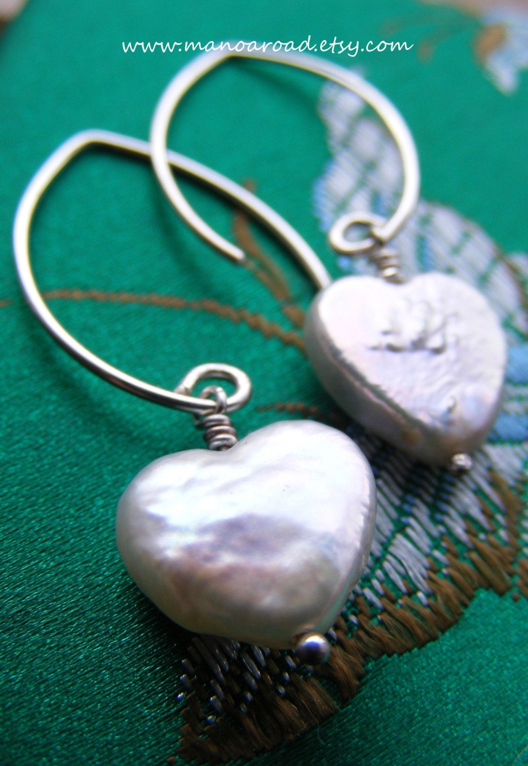 Be Mine Earrings - Freshwater Pearl Hearts, Sterling Silver Wishbone Hoops