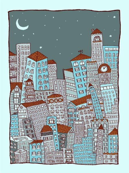 nighttime In the City -blue - Handprinted art print