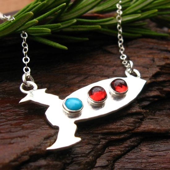 Retro Rocket Ship - Sterling Silver with Turquoise and Garnet