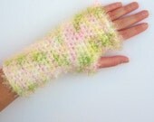 Soft Fingerless Gloves - adult small - pink, green, yellow, white