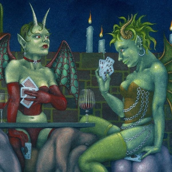 Five Aces - cheating at cards in Hell - 16 x 12 inch signed art print