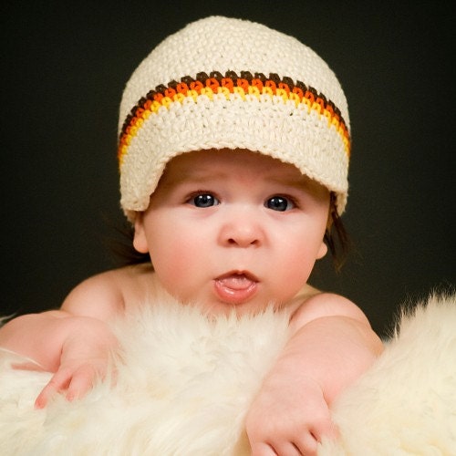 6-12 Month Visor Beanie - ecru, chocolate, burnt orange, yellow